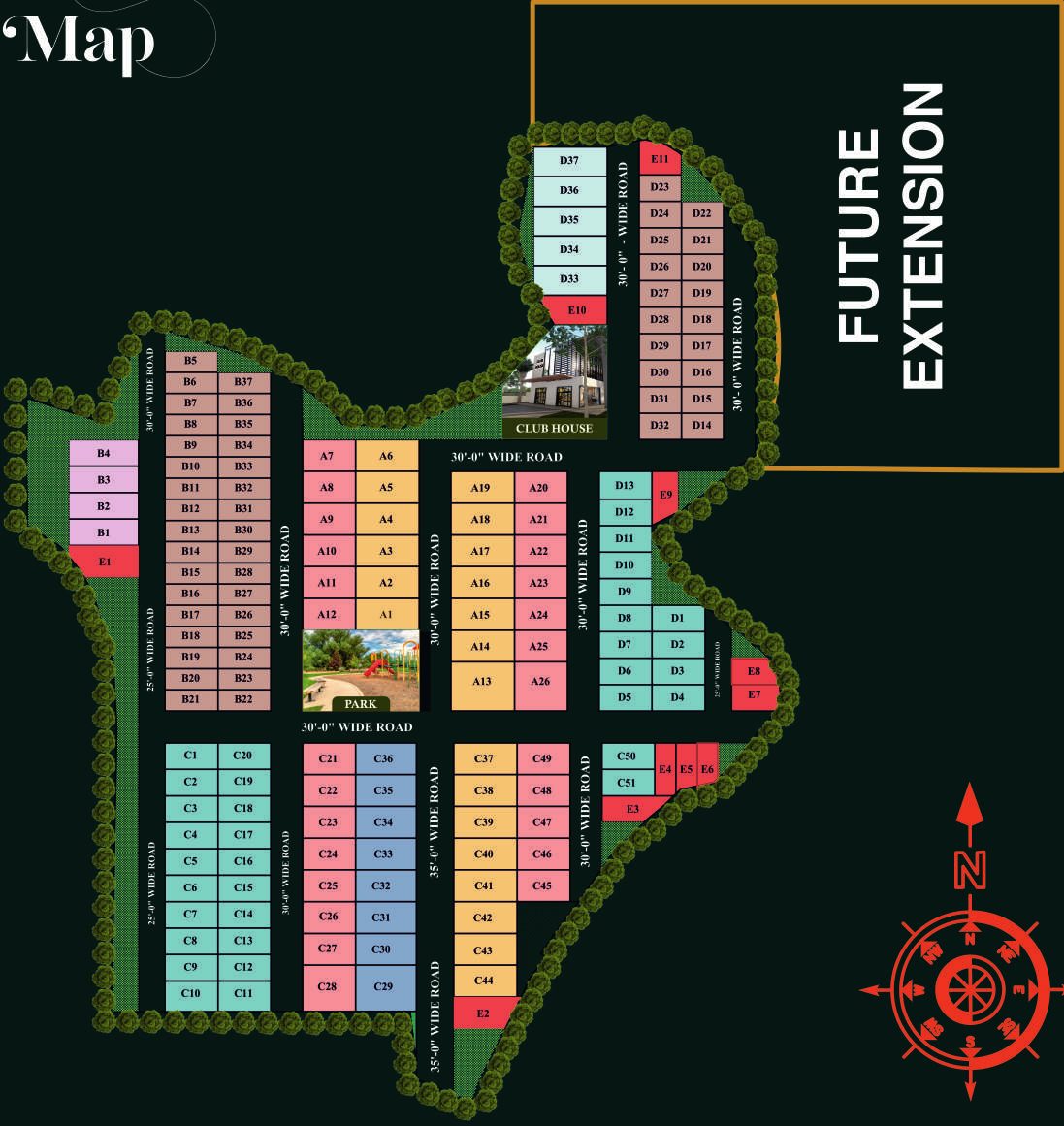 Oak City master layout plan showing plots, roads, club house and future extension